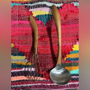Set of 2 Wood Handle Vintage Kitchen Utensils Whisk Soup Ladle